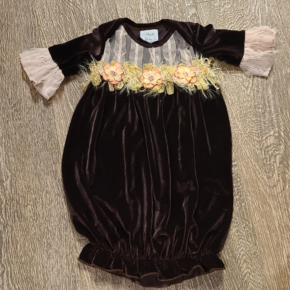 Brown Velvet Kids Bodysuit with Lace Sleeves
